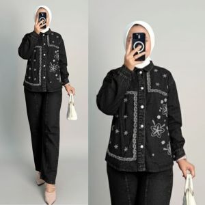 Setelan Jeans Wanita Motif Bordir Kekinian Set Celana Bahan Soft Jeans/Setelan Wanita Terbaru 2025