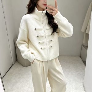 Solid Turtleneck Double Zipper Long-sleeved Knitted Cardigan Top Womens Autumn Winter Versatile Fashion Sweater Thickened Short