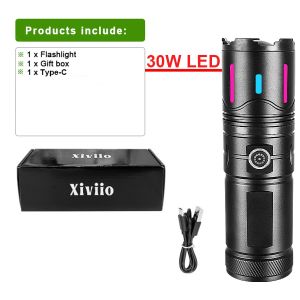 30W Zoomable LED Flashlight With COB Side Light 6 Modes SOS Emergency Alarm Torch Rechargeable Power Bank Outdoor Self‑Defense