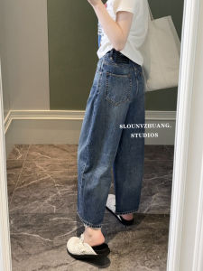 Casual Deep Blue Denim Jeans Small Size Bend Knife Pants Grandma Style No Stretch Spring Collection Natural Waist Long Trousers