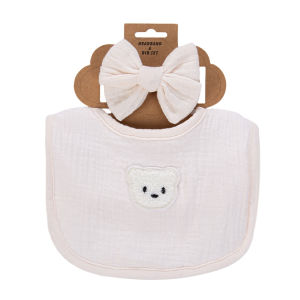 2 ชิ้น/เซ็ต Big Bow Muslin ผ้าฝ้ายไนลอน Hairbands Gauze Baby Bibs หมีน่ารักผ้าเช็ดตัวน้ําลายทารกแรกเกิด Burp Colths เด็ก Headwear