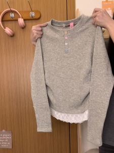 Colorful Button Splicing Lace Knitted Long Sleeve Womens Design Top Layered Wear Commute Korean Style Slim Fit Polyester Blend