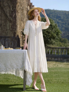 XIANGYING | Resort Style Summer Lace Waist Cinched Boho White Dress