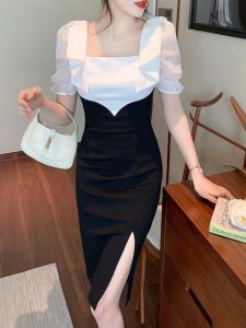 Elegant French Retro Square Collar Bubble Sleeve Butterfly Knot Color Block Dress for Women Summer H High Waist Bodycon Skirt