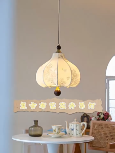 Hanging Light White Printing Fabric Pendant Light Brass Chandelier for Dining Living Room Bedroom