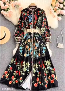 Đầm Maxi Sơ Mi Đen Họa Tiết Hoa Lá Vintage Cổ Tàu Kèm Thắt Lưng Sang Trọng 50-85kg (TBSUB158)