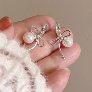 Elegant Fashion Pearl Earrings 925 Silver Needle Butterfly Knot Design Sweet Luxury High-End Feelings Small Audience Trendy Ear Jewelry
