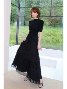 Elegant Black Bubble Sleeve Back Tie Dress