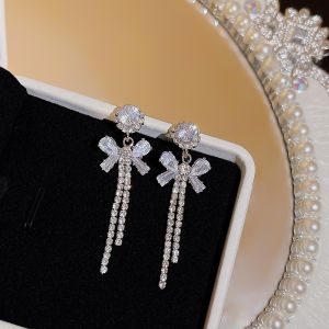 Ultra-Shiny Full-Diamond Butterfly Knot Zircon Tassel Earrings Luxury Sensation Summer Elegant Versatile Fashionable Personality Hoops