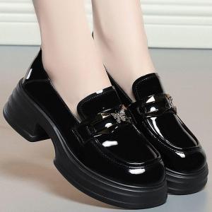 Womens Thick Bottom Slip-On Shoes Spring Autumn New Style Versatile Chunky Heel Flat Brogue Shoes Comfortable All-Match Footwear