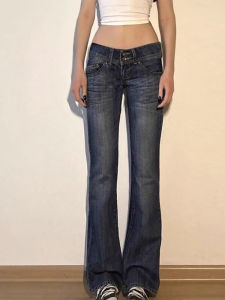 กางเกงยีนส์ทรงวินเทจเอวต่ำขาบานสไตล์อเมริกันสำหรับผู้หญิง กางเกงขายาวทรงหลวมสบาย ๆ ผ้าเดนิม ฤดูใบไม้ผลิและฤดูร้อน