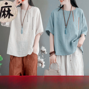 Single/Two-Piece Set Artsy Cotton and Linen Embroider T-Shirt Womens Summer New Arrival Retro Loose and Simple Short Sleeve Tops Womens Fashion