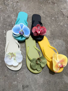 Floral Print Flat Bottom Sandals Casual Beach Holiday Thong Slippers Creative Butterfly Orchid Design Candy Color Womens Flip Flops