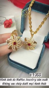 Dây Chuyền Thanh Lịch V014 Cùng Mặt V1055 Hình Bông Hoa Đính Đá Màu Đỏ Trắng XInh