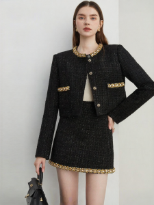 D-PLAY | Autumn Black Tweed Style Suit Jacket and Skirt