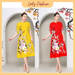 Áo dài cách tân in 3D cành đào ngày tết siêu dễ thương AD019 - Khánh Linh Style - Lady Fashion