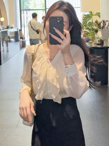 Elegant V-Neck Chiffon Shirt Womens Autumn Fashion 2025 New Style Beautiful Lace Trim French Style Top Slimming Long Sleeve