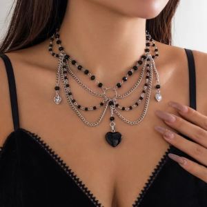Lacteo Hợp Thời Trang Gothic Hạt Pha Lê Vòng Cổ Choker Nữ Kính Đen Mặt Dây Chuyền Trái Tim Xương Đòn Dây Xích Cổ Y2K Trang Sức Dự Tiệc