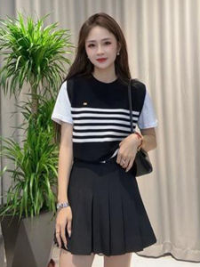 Knitted Stripe Short Sleeve T-Shirt Womens Fake Two-Piece Versatile Classic Commute Style Korean Fashion Summer Thin Cotton