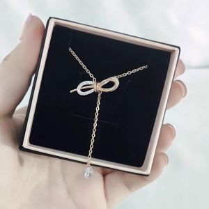 SO SEOUL Graceful Lifelong Ribbon with Dangle Diamond Simulant Zircon Rose Gold Fixed Chain Necklace