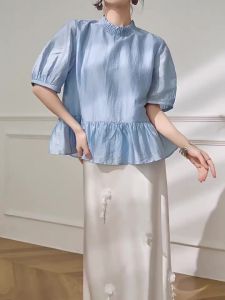 PlumJan | Korean Style Simple Aesthetic Stand Collar Puffed Sleeve Blouse