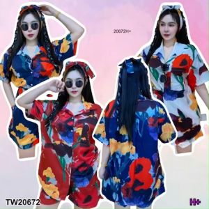 TW20672 set 3 ชิ้น เสื้อเชิ้ต + กางเกงขาสั้น มาพร้อมสายผูกผม