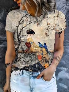Beige Womens Tee - Japanese Geisha & Blue Birds Graphic Artistic Oriental Print Design for Casual Daily Wear