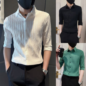 Áo Sơ Mi Nam Tay Lửng Mỏng Mùa Thu Tay Lửng Kinh Doanh Dài Tay Áo Sơ Mi Sọc Lụa Băng Thường Ngày Trẻ Trung Ôm Vừa Vặn