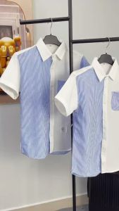 ÁO SƠ MI NAM NỮ TAY NGẮN PHỐI KẺ SỌC XANH TẠO PHONG CÁCH THỜI TRANG LỊCH LÃM