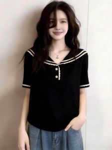 Navy V-Neck T-Shirt Top Summer Fashionable