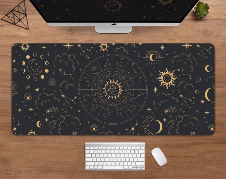 Constellation Desk Mat Astrology Mousepad Gold Black Zodiac Wheel Space ...