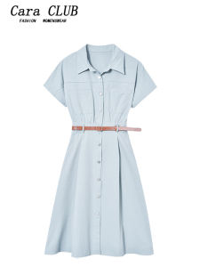 Large Size French Polo Collar Short Sleeve Slim Waist Flattering Midi Dress