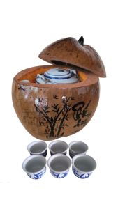 Bộ bình ủ trà trái dừa khắc chữ "Phú quý" / Bình trà 04 - 09 lít / Giữ ấm 3 - 6 giờ / Sản phẩm sản xuất thủ công trứ danh xứ dừa Bến Tre