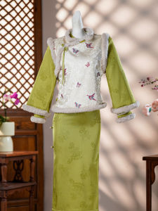 Bộ Áo Dài Qipao Mùa Đông Tay Dài Ấm Áp Màu Xanh