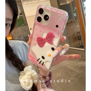 Sanrio | Sanrio HelloKitty Phone Case For iPhone 14 16 Pro 15 17 Pro Max Cartoon Transparent Diamond Shockproof Silicone Protective Cover