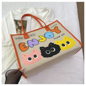 กระเป๋าผ้าใบสะพายไหล่ลายแมวสุดน่ารัก ความจุขนาดใหญ่ กระเป๋าถือสำหรับเดินทาง กระเป๋าแมมมี่ กระเป๋าตุ๊กตาตัวอักษร กระเป๋าสะพายไหล่ผู้หญิง กระเป๋าสะพายไหล่แบบลำลอง