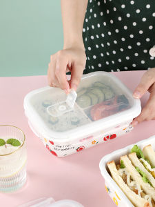 Microwave Oven Heating Lunch Box Special Ceramic Compartment Strawberry Three Grid Lunch Box Office Worker Sealed with Lid Crisper