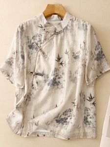 Elegant Light Weight Short Sleeve Shirt Womens Summer New Chinese Style Pleated Texture Embroidery Print Casual Business Top