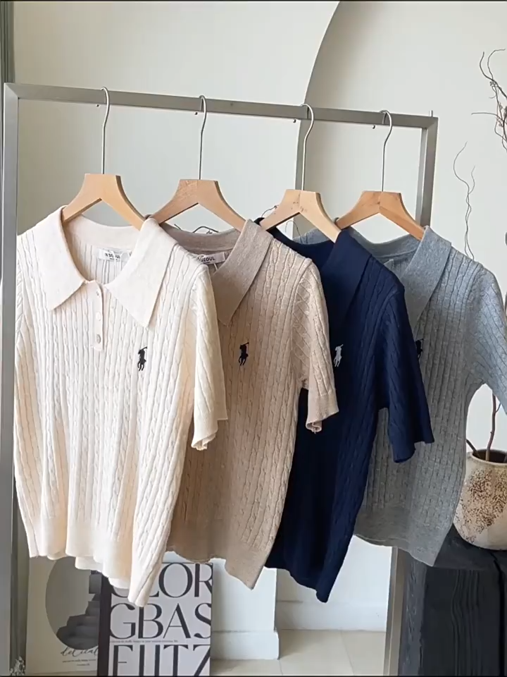 สไตล์ฤดูร้อนใหม่ คอปกโปโลปักแขนสั้น เสื้อสเวตเตอร์ผู้หญิง เสื้อคลุมฤดูร้อน แขนยาว