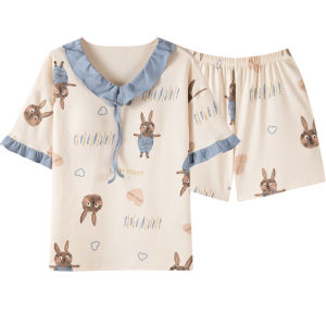 Miiow | Pure Cotton Summer Sleepwear Womens Loose Fit Short Sleeve Thin Home Clothes Set Comfortable Breathable Cartoon Print Pajamas