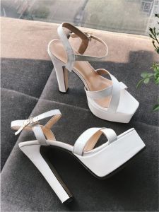 New 2025 Womens Fashion Sandals Calfskin Leather High Heels Waterproof Platform White Square Head Shoes Ladylike Personality