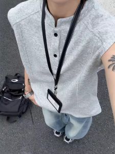 Cleanfit American Retro Short Sleeve T-Shirt Mens Summer Thin High-End Feeling Half Sleeve Henry Collar Loose Fit Youth Trend