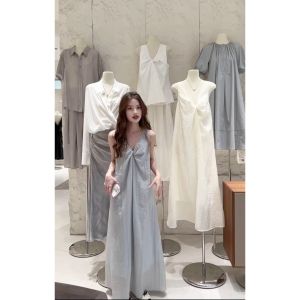 Summer Unique Loose Long Dress Womens Strap Dress Cotton Blend Fabric Vest Style Backless Design Breathable Comfortable