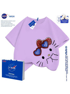 NASA Collaborative Pure Cotton Short Sleeve T-Shirt for Girls Summer Cute Student Mom Daughter Matching Top Cartoon Print Casual Loose Fit