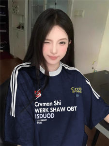 Áo Thun Tay Ngắn Cổ Tròn Cotton Phong Cách Mỹ Cổ Điển Màu Xanh Lam Dành Cho Nữ Mùa Xuân Hè Thiết Kế Rộng Rãi Thương Hiệu Hợp Thời Trang Ba Sọc