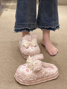 Bows Cotton Slippers Womens Winter Wear Cute Rabbit Stuffed Heattech Home Indoor Non Slip Confinement Slippers