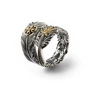 Kaivys Feather Maple Leaf Feather Open Ring for Women Adjustable Vintage Thai Silver Antique Finish Handmade
