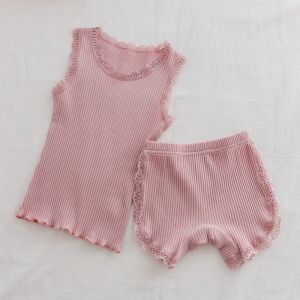 ชุดเด็กผู้หญิงแขนกุดคอวีคอกลมลายทางผ้าฝ้าย 2 ชิ้น พร้อมกระโปรงและกางเกงบ็อกเซอร์ ชุดนอนเด็ก ชุดแฟชั่นฤดูร้อน