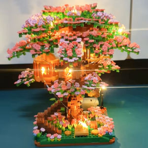 Mini Sakura Tree Building Blocks Set Diy Cherry Blossom Bricks with Light Treehouse Model Ornament Romantic Gift for Girlfriend