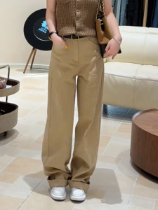 MANMI | Quần Dài Ống Rộng Màu Khaki Thời Trang Phù Hợp Thoải Mái Cao Waist